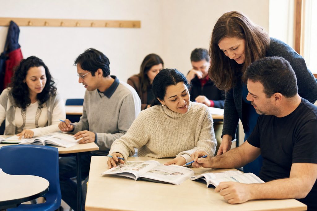 Students working in pairs in an English grammar class