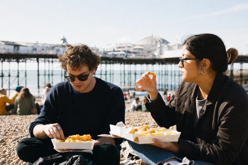 Students eating fish and chips on Brighton beach