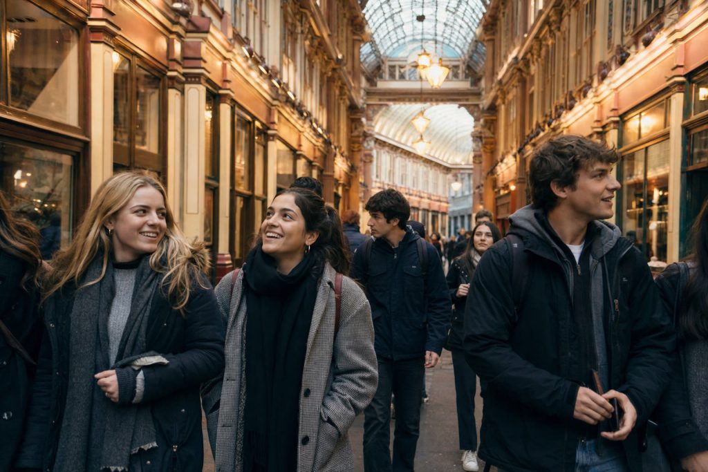 Students walking through a Victorian market in London