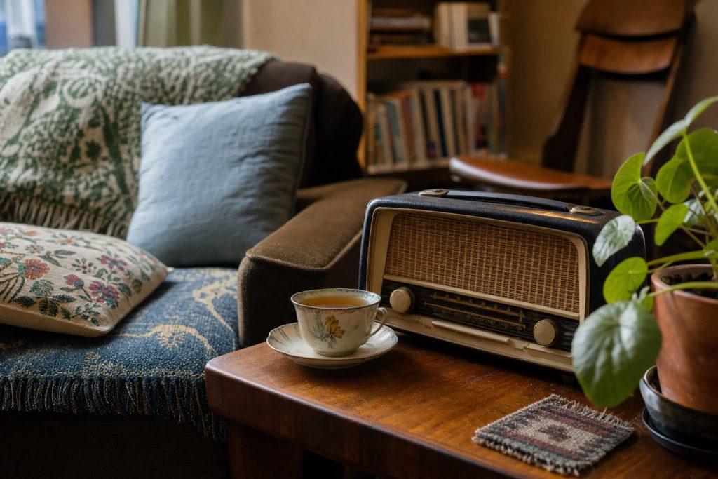 Vintage radio and a cup of tea in a British living room