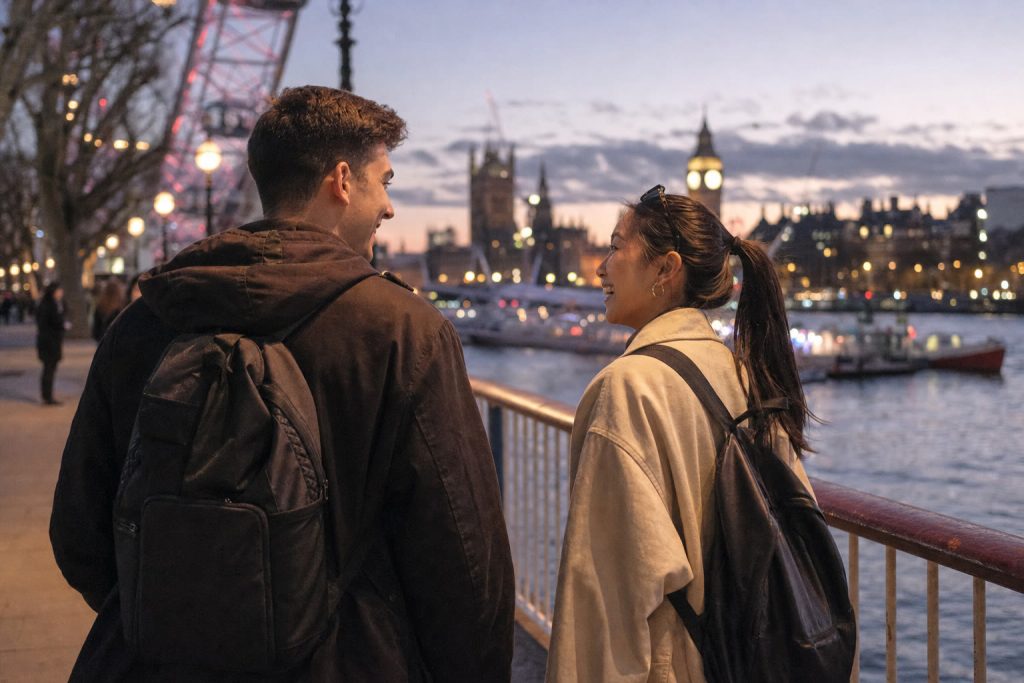 Ein Paar, das bei Sonnenuntergang am South Bank in London entlangspaziert