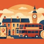 Illustration showing cost of living elements: groceries, London bus, housing, British pounds, and mobile phone