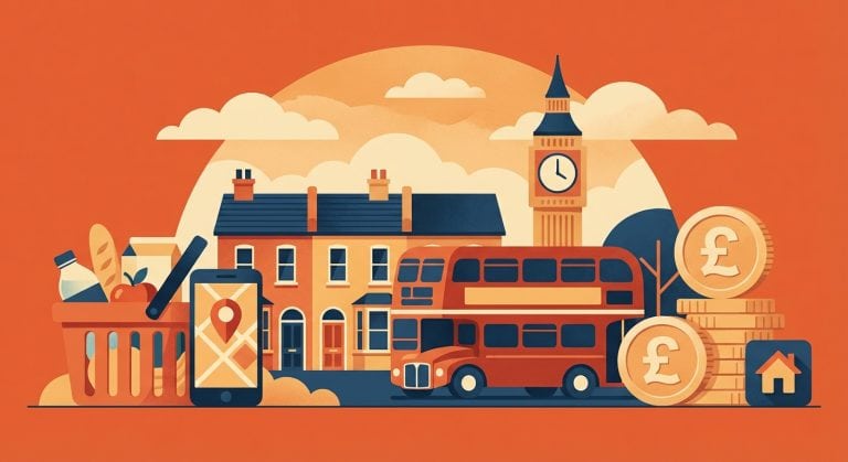 Illustration showing cost of living elements: groceries, London bus, housing, British pounds, and mobile phone