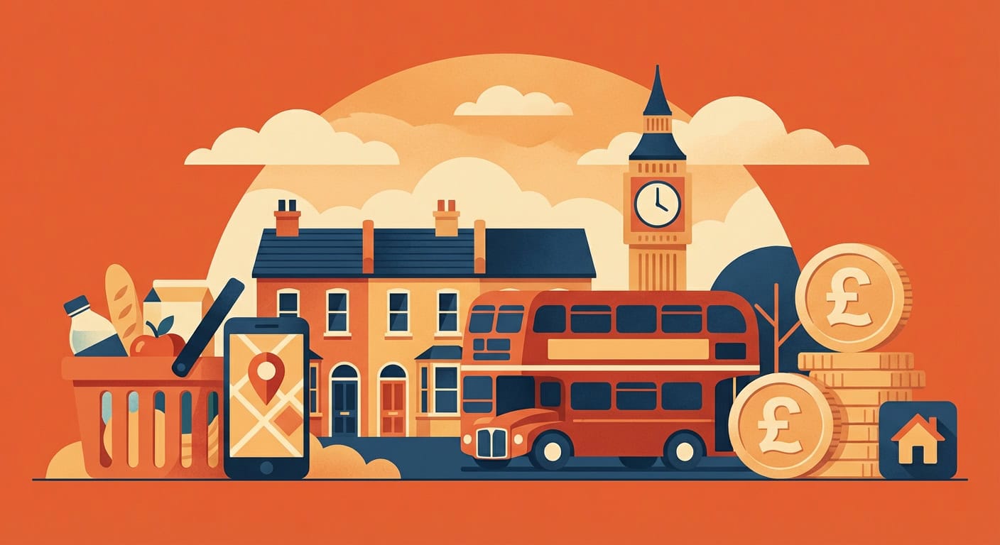 Illustration showing cost of living elements: groceries, London bus, housing, British pounds, and mobile phone