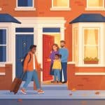 Student arriving at a British homestay with host family greeting at the door