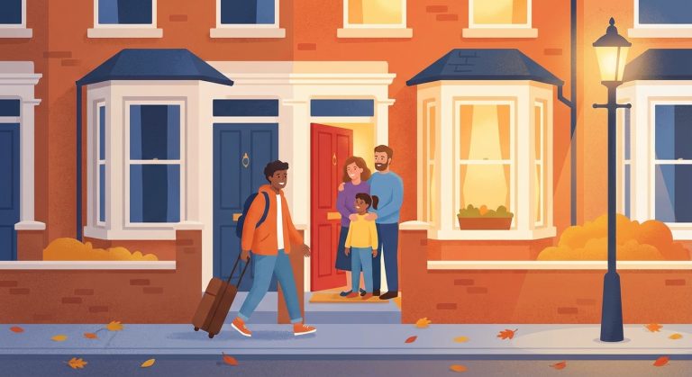 Student arriving at a British homestay with host family greeting at the door