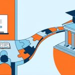 Illustration showing a pathway connecting a language classroom to a UK university building