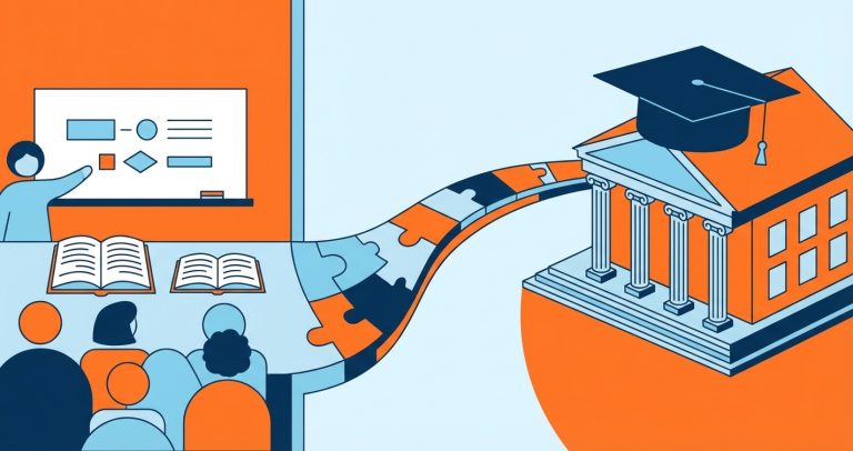 Illustration showing a pathway connecting a language classroom to a UK university building