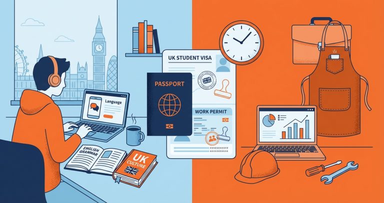 Split illustration showing an English language student studying on one side and work items with visa documents on the other
