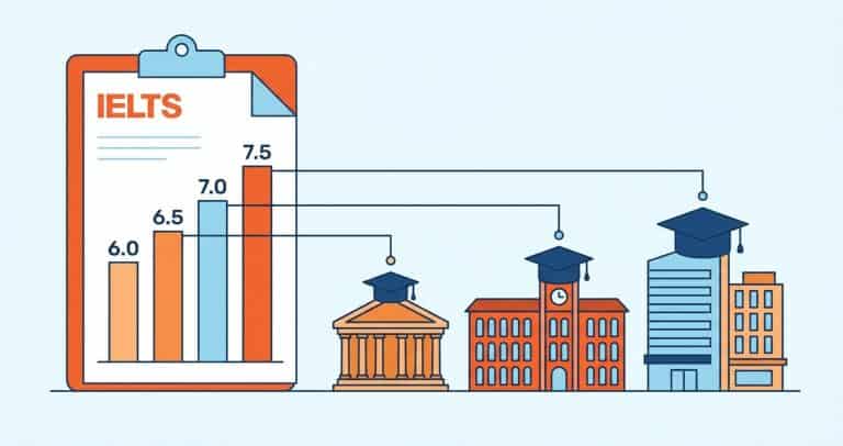 Illustration showing IELTS band scores from 6.0 to 7.5 connected to UK university buildings with graduation caps
