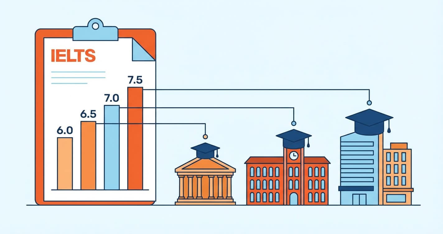 Illustration showing IELTS band scores from 6.0 to 7.5 connected to UK university buildings with graduation caps