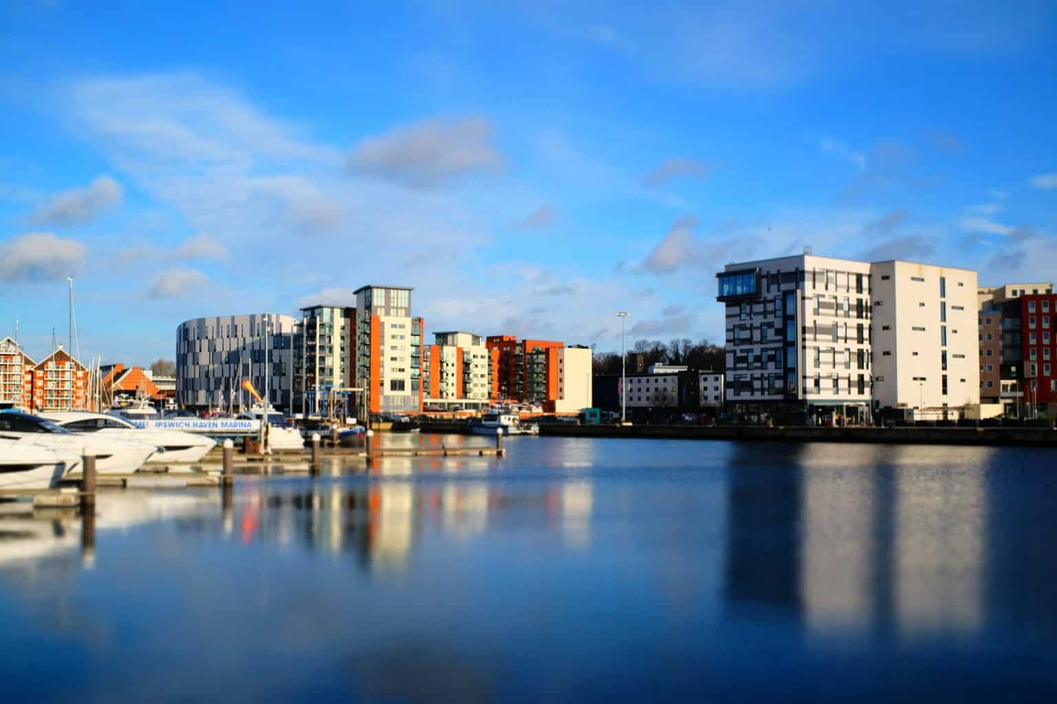 Ipswich Waterfront with boats moored along the marina