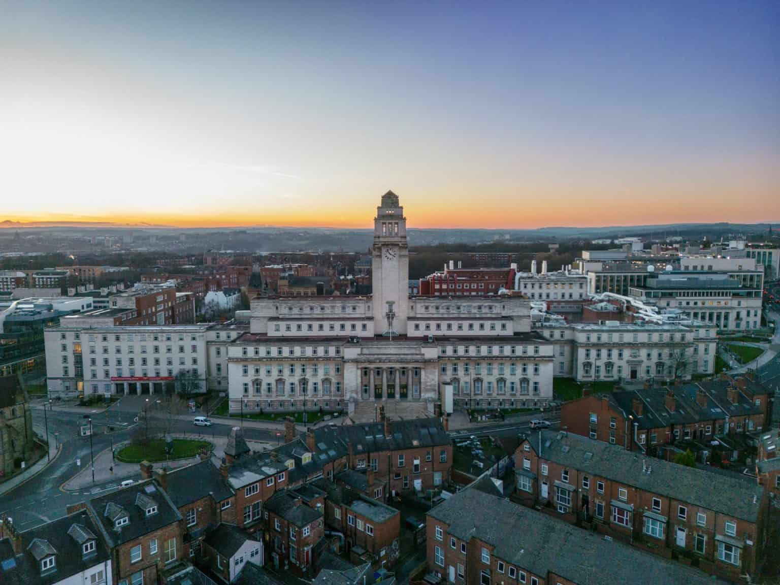 Aerial image of the Parkinson Building at the University of Leeds, Leeds UK at sunset