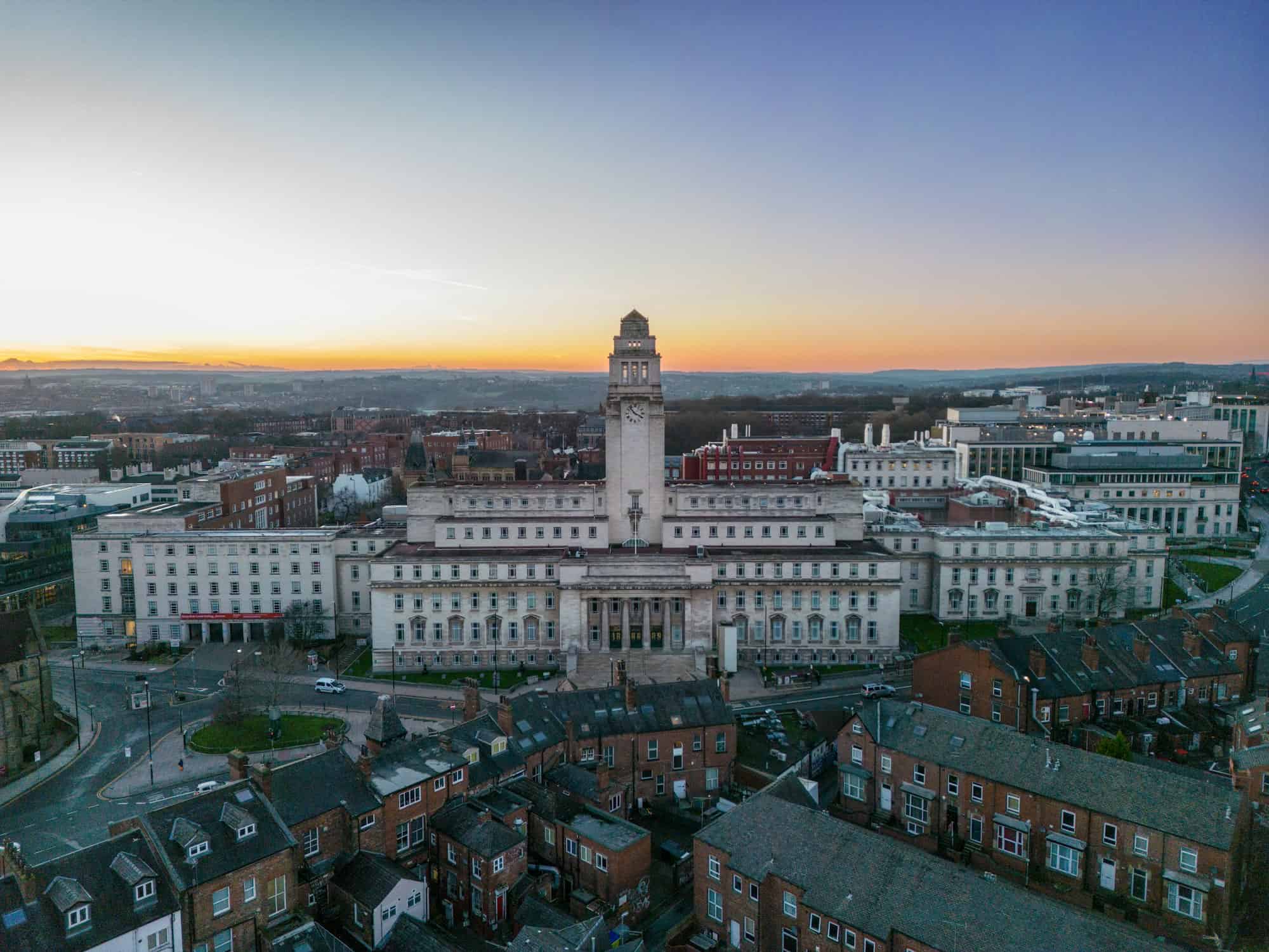 Aerial image of the Parkinson Building at the University of Leeds, Leeds UK at sunset