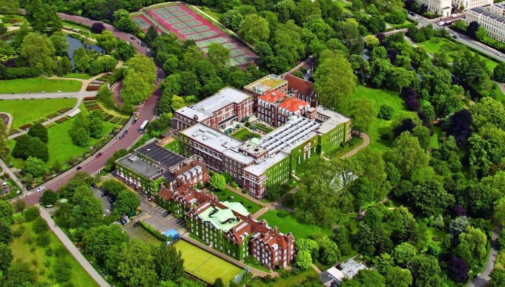 Aerial view of the Regent's University campus in Regent's Park, London