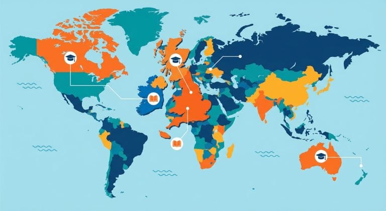 World map highlighting UK, Malta, Ireland, Australia, and Canada as English study destinations