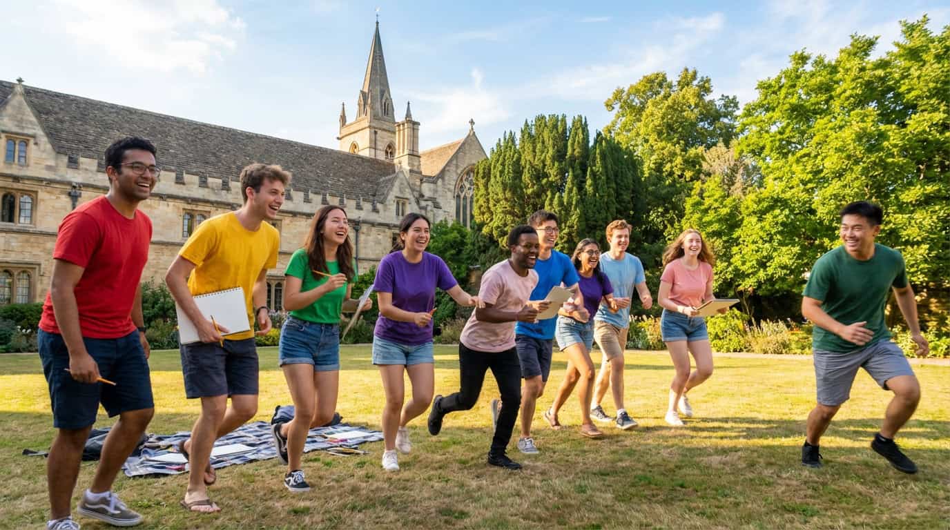 International students doing outdoor group activities near a historic British building
