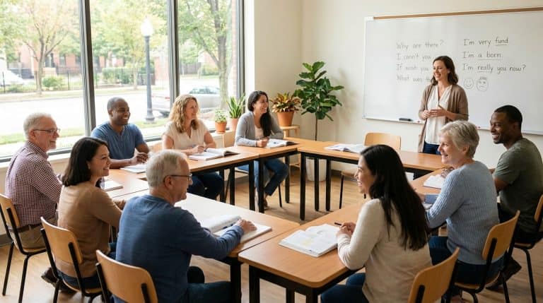 Diverse adult students in a bright English language classroom with teacher at whiteboard