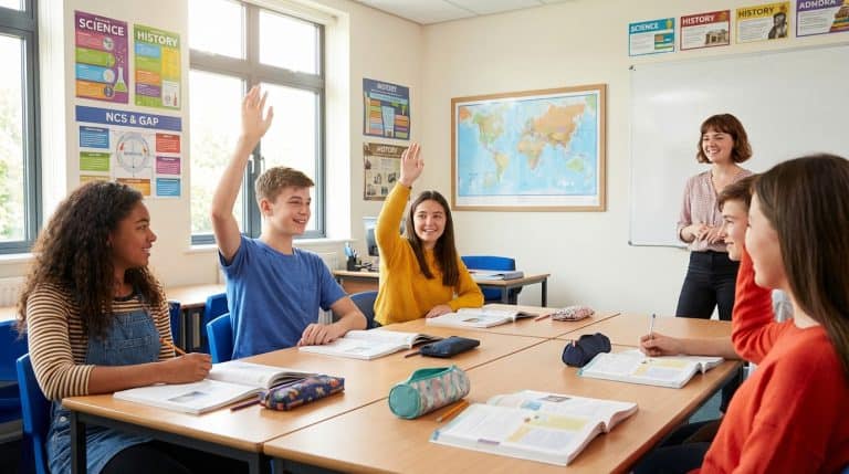 Teenagers in a bright UK classroom with hands raised
