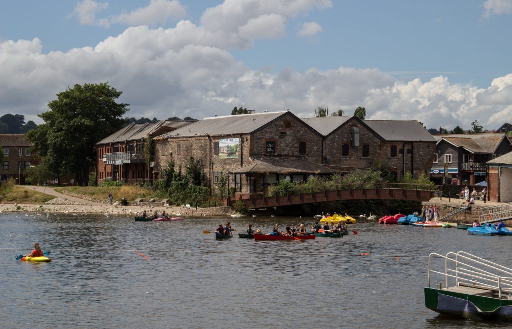 Exeter Quayside and River Exe with historic buildings and cafés