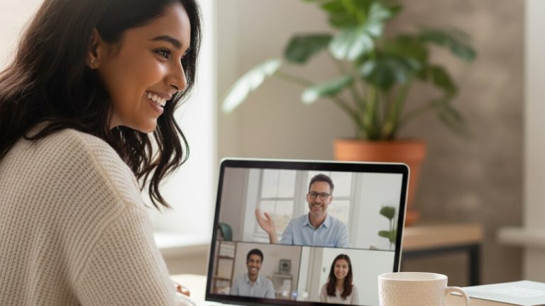 International student attending an online English class with their teacher and classmates via video call