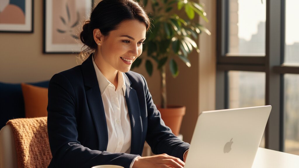 Professional woman on a video call learning online business English from a UK school