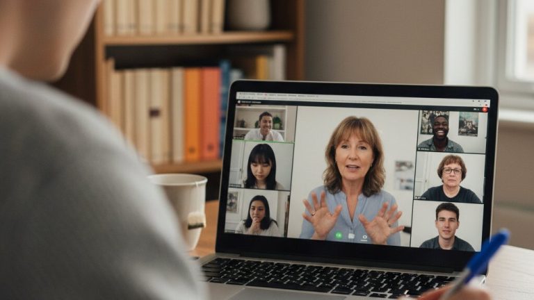 Diverse international students on a group video call in an online general English class