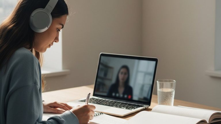 Student wearing headphones taking notes during an online IELTS preparation lesson