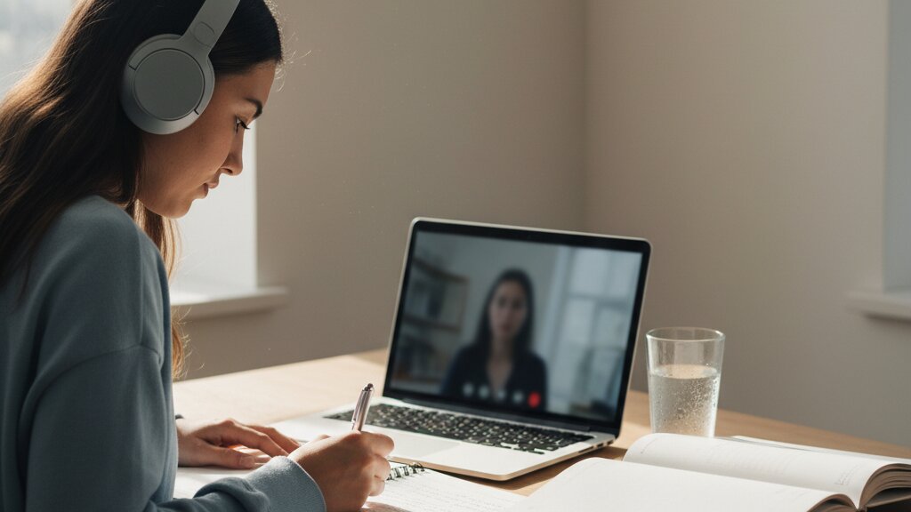 Student wearing headphones taking notes during an online IELTS preparation lesson