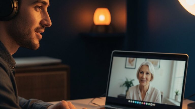 International student in a one-to-one online English lesson with a UK teacher on screen
