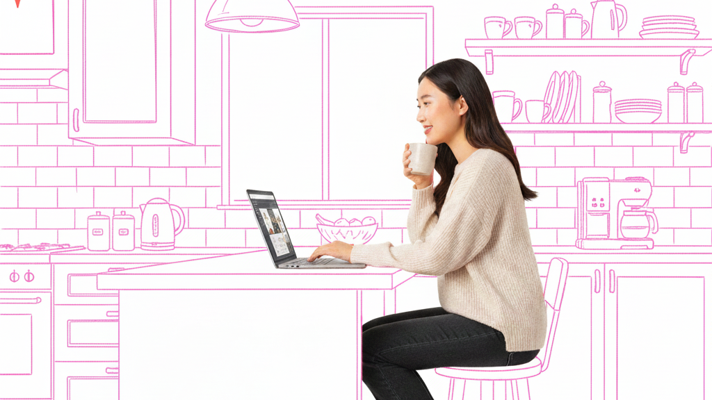Smiling East Asian student studying English online with a laptop on a kitchen breakfast bar, magenta line-art illustration on white background