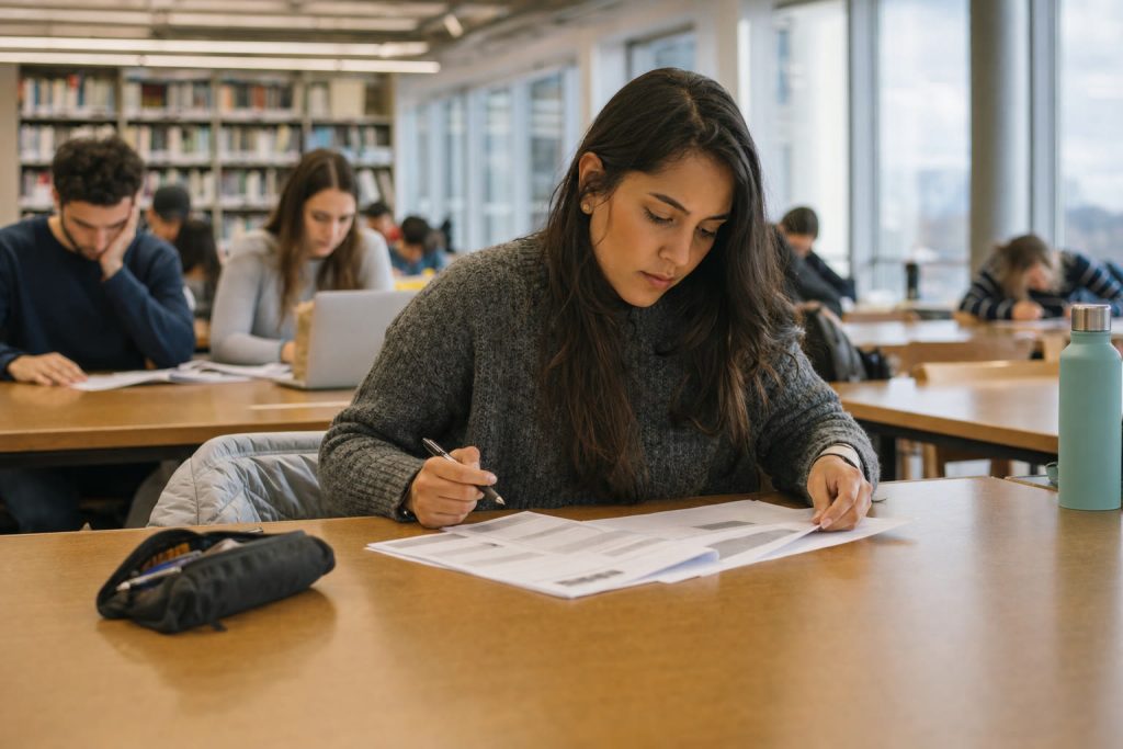 Uno studente che si prepara all'esame IELTS in biblioteca