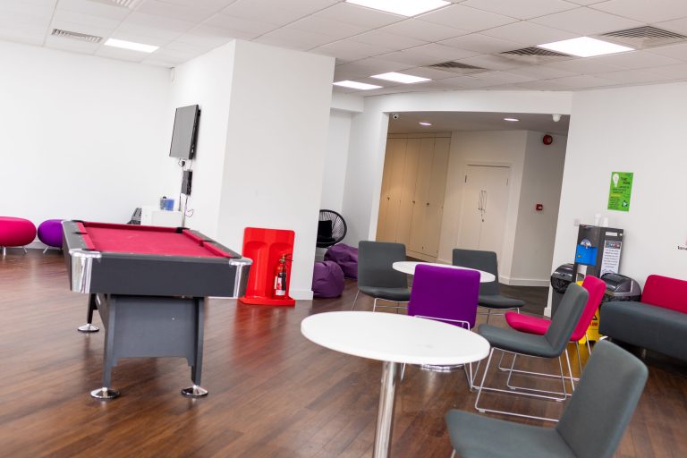 Student lounge with pool table at NCG Liverpool