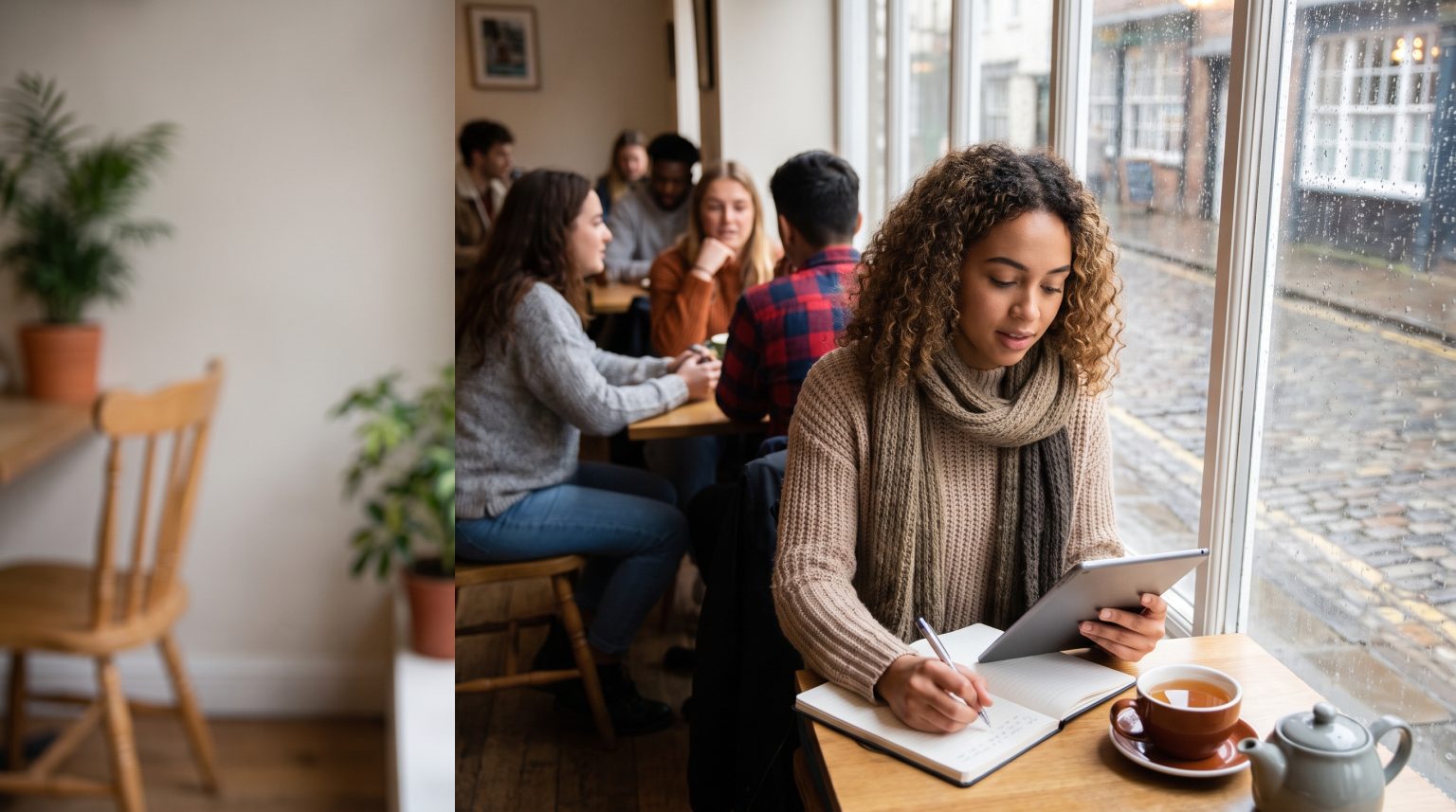 Student reading and taking notes in a UK café on a rainy day