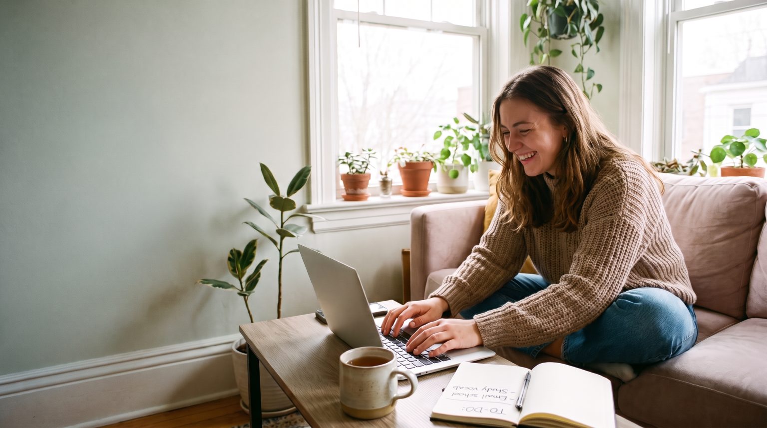 Student writing to an English language school about a course on her laptop
