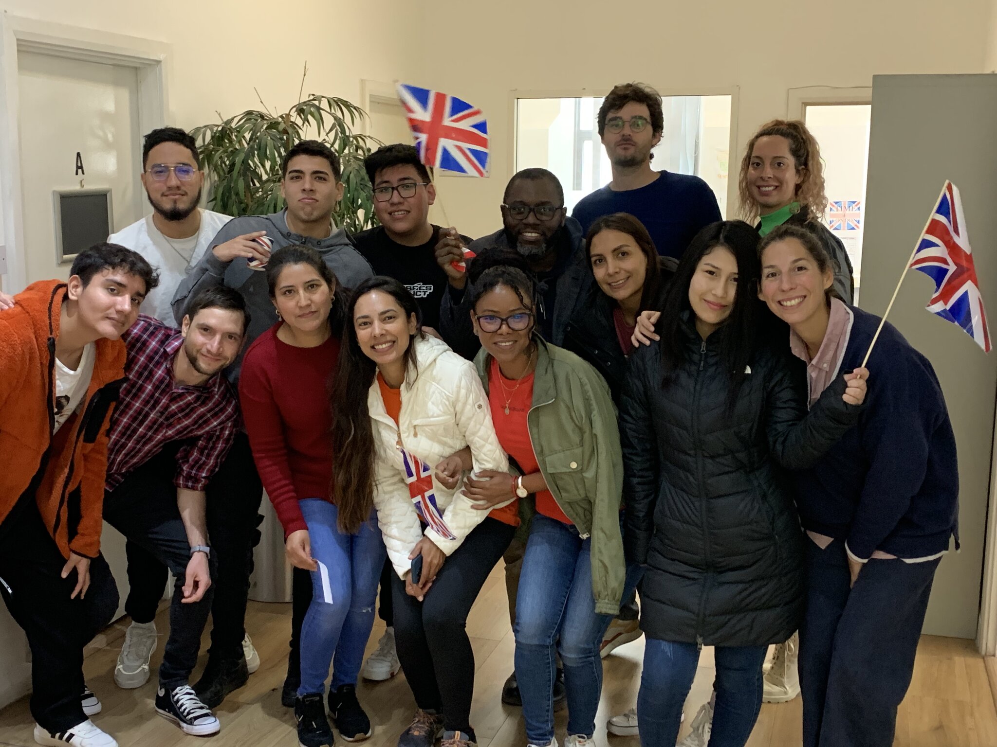 Time4London students with Union Jack flags in a classroom