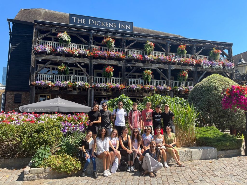 Time4London students outside the Dickens Inn, St Katharine Docks