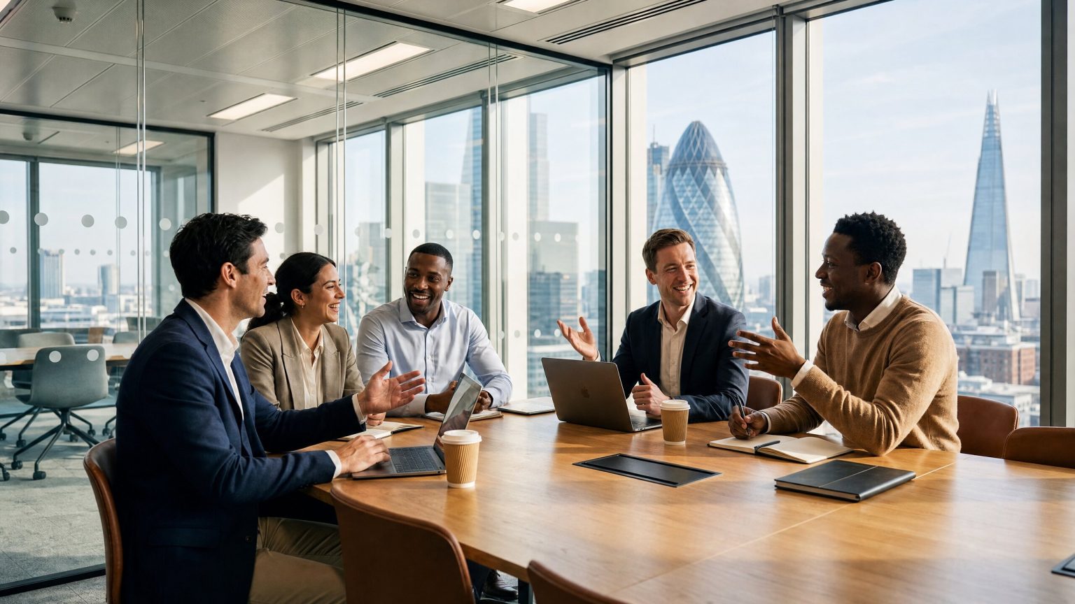 Business English students at a meeting table with a view of the City of London
