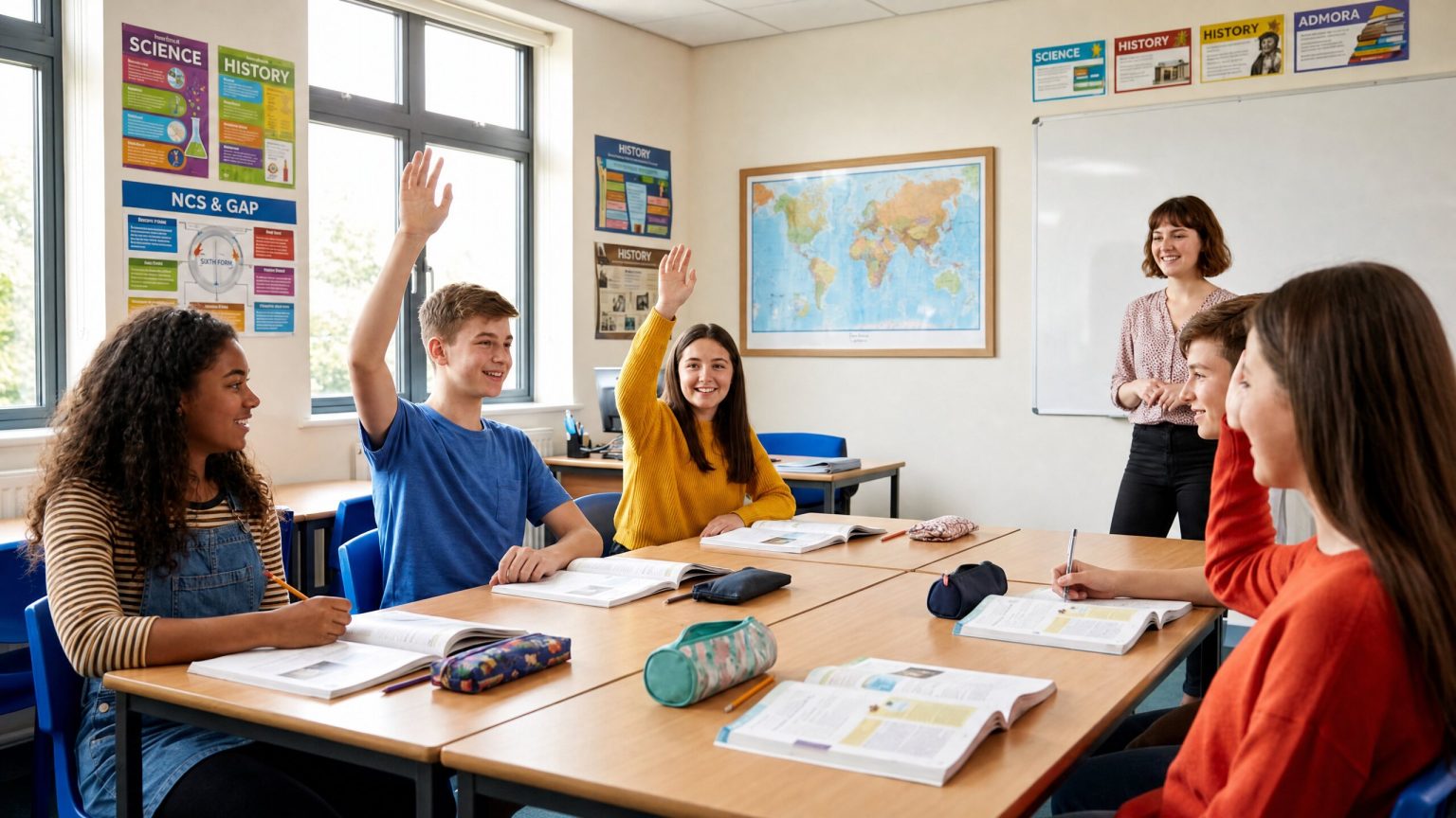 Teenage students in a bright classroom, one raising his hand