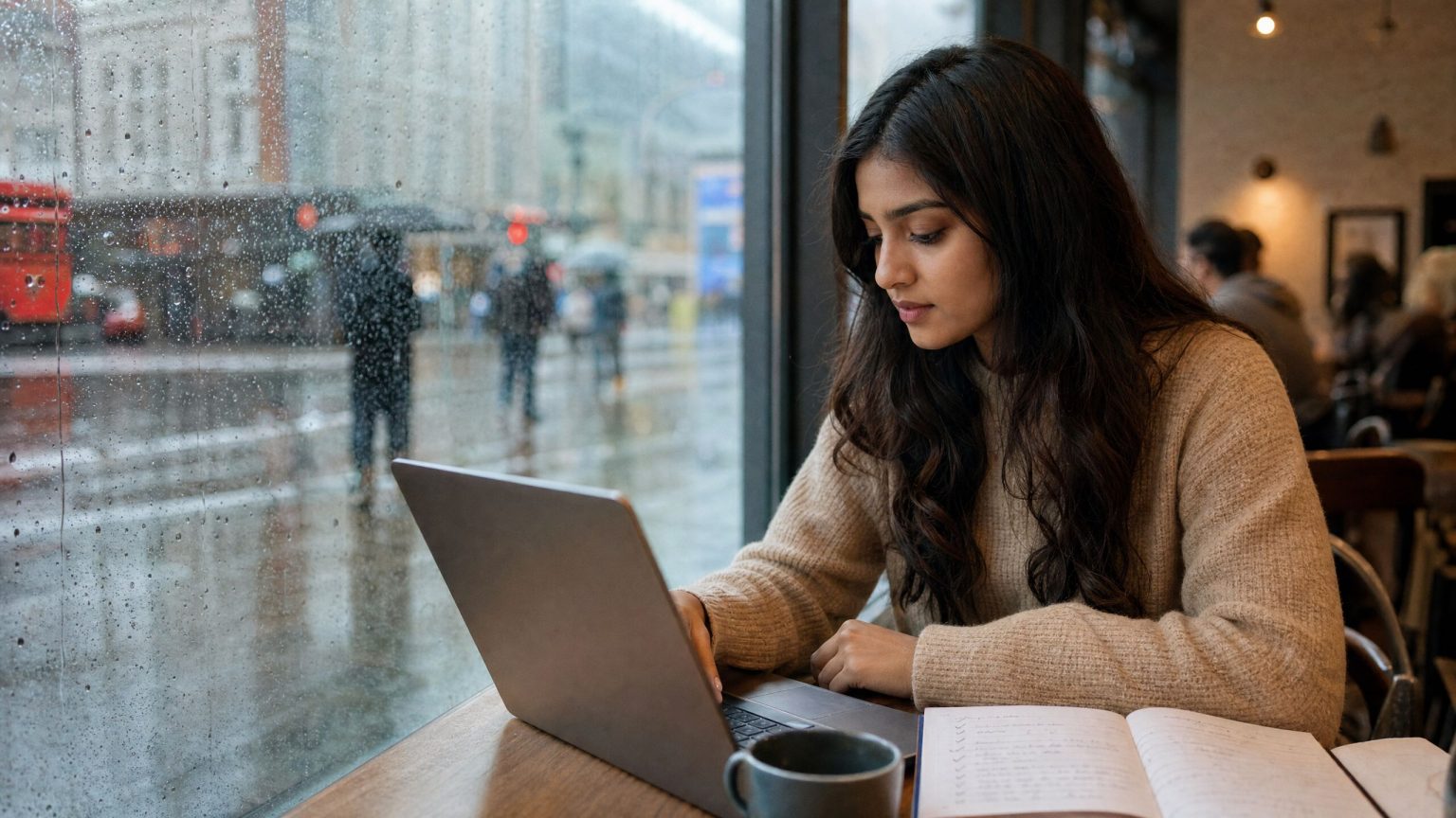 A student comparing English courses on a laptop in a London café
