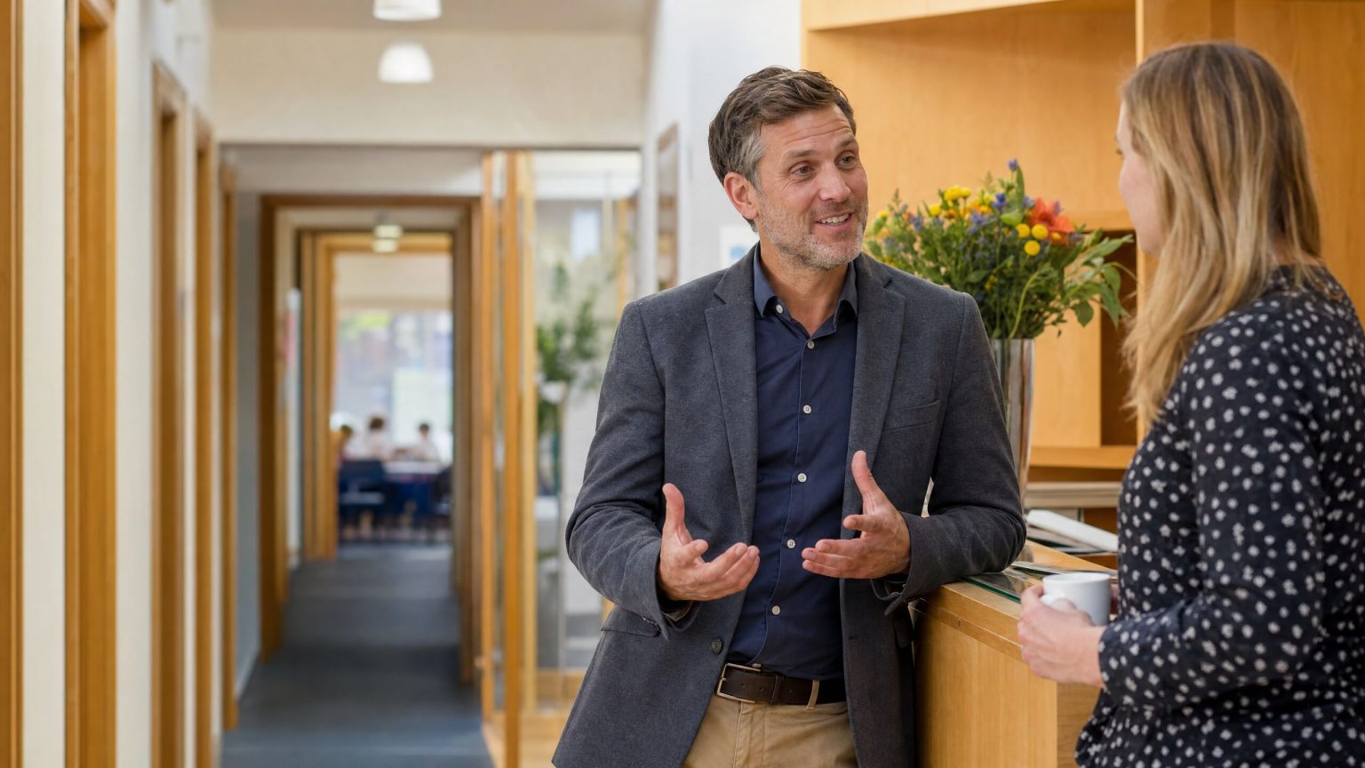 Staff talking in the corridor of an English language school