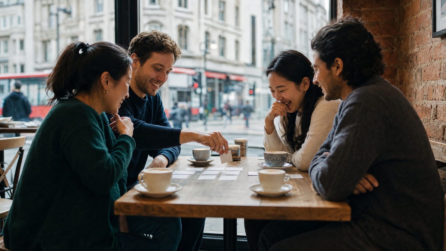 Students laughing over an English word game in a café