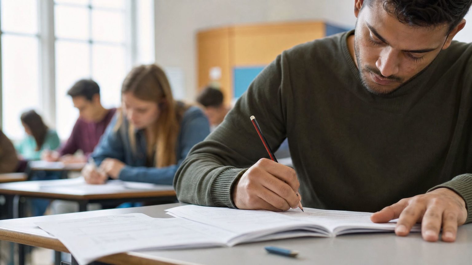 A student writing answers in an English test