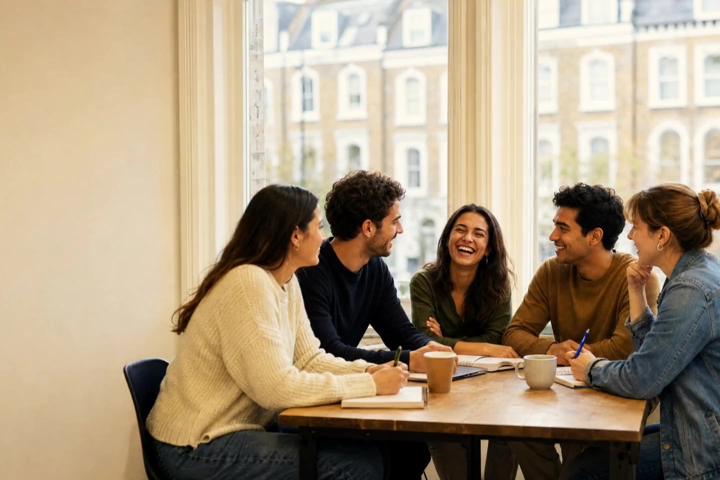 Adult students talking in an English class in London