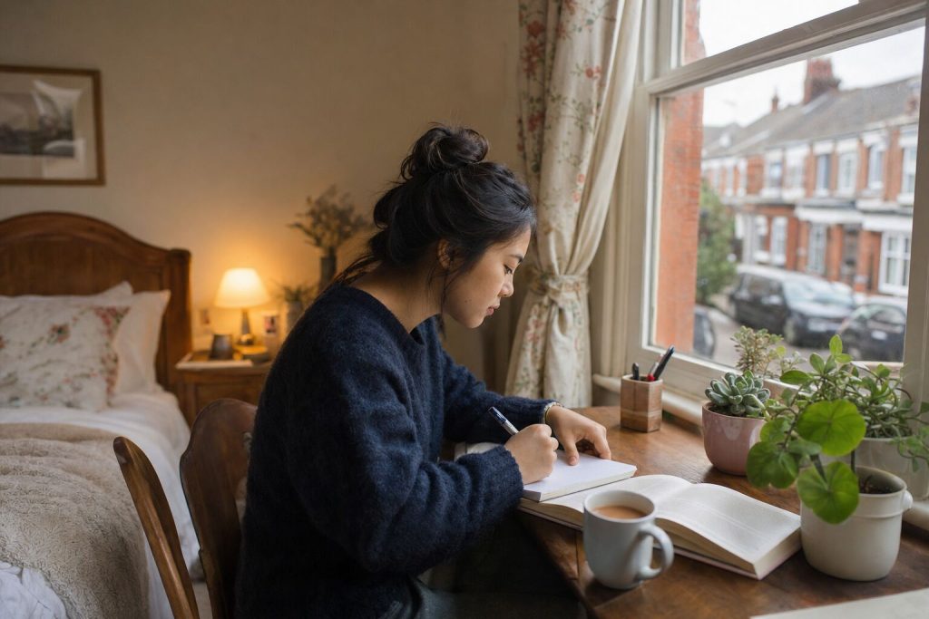 A student studying at the desk in her homestay room